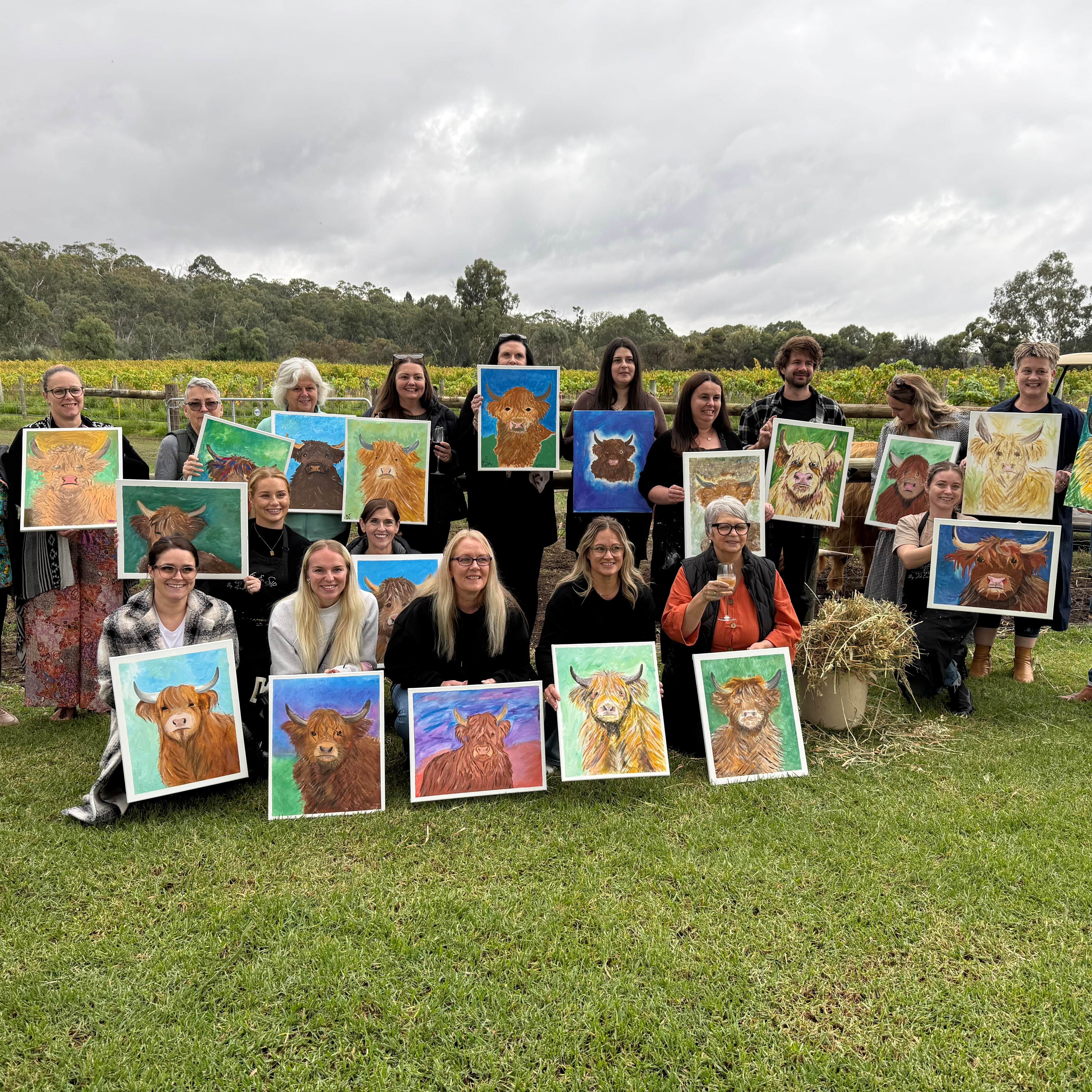 Highland Cows Group Pic of attendees and artworks