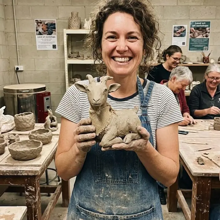 goat sculpture with lady