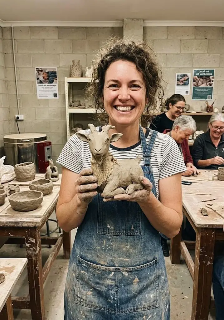 goat sculpture with lady
